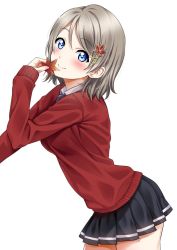 Rule 34 | 1girl, black skirt, blue eyes, blush, commentary request, cowboy shot, from side, grey hair, hair ornament, holding, leaf, leaf hair ornament, looking at viewer, love live!, love live! sunshine!!, miniskirt, pleated skirt, red sweater, sankuro (agoitei), shirt, short hair, simple background, skirt, solo, sweater, watanabe you, white background, white shirt, wing collar