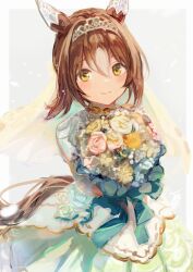 Rule 34 | 1girl, animal ears, bouquet, brown hair, commentary request, dress, fine motion (titania) (umamusume), fine motion (umamusume), flower, hair between eyes, highres, horse ears, horse girl, horse tail, looking at viewer, multicolored hair, hugging object, pink flower, pink rose, rose, sidelocks, solo, tail, tiara, two-tone hair, umamusume, veil, wedding dress, white dress, white flower, white hair, white rose, yellow eyes, yellow flower, yellow rose, yoshiaki (yosiaki ml)