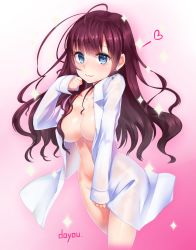 Rule 34 | 10s, 1girl, bad id, bad pixiv id, blue eyes, breasts, cleavage, collarbone, doyouwantto, earrings, female focus, highres, ichinose shiki, idolmaster, idolmaster cinderella girls, jewelry, lab coat, lab coat, large breasts, long hair, long sleeves, looking at viewer, naked labcoat, naked shirt, open clothes, open shirt, purple hair, see-through, shirt, solo, very long hair