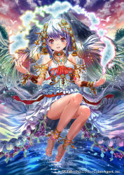 Rule 34 | 1girl, :d, anklet, armband, bare shoulders, barefoot, blush, choker, dress, hair ornament, jewelry, long hair, mountain, necklace, open mouth, purple hair, red eyes, ripples, sakiyamama, smile, solo, tenka touitsu chronicle, twintails, very long hair, water