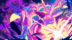 Rule 34 | 1girl, alice (nikke), berryverrine, blue hair, blush, chromatic aberration, clothing request, covered erect nipples, diffraction spikes, explosion, gloves, goddess of victory: nikke, gun, highres, holding, holding gun, holding weapon, impossible clothes, long hair, microphone, open mouth, pink hair, project nikke, purple eyes, purple hair, round teeth, shoes, smile, sneakers, socks, solo, teeth, tight clothes, tongue, twintails, upper teeth only, v, very long hair, weapon