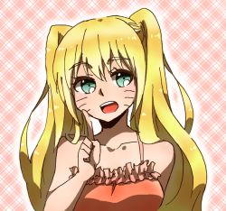 Rule 34 | 1girl, blonde hair, blush, breasts, collarbone, dress, facial mark, facing viewer, finger up, frills, genderswap, genderswap (mtf), green eyes, hand up, index finger raised, long hair, looking away, looking to the side, naruko (naruto), naruto, naruto (series), open mouth, orange dress, outline, solo, sundress, teeth, tongue, twintails, uzumaki naruto, very long hair, whisker markings, whiskers, white outline