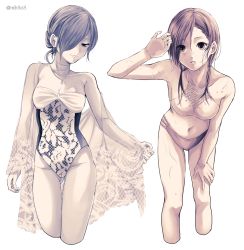Rule 34 | 1girl, bare arms, bare shoulders, bikini, breasts, cleavage, collarbone, cropped legs, floral print, groin, hair over one eye, hand up, jewelry, kirishima touka, leaning forward, long hair, low twintails, medium breasts, multiple views, nabe-box, navel, necklace, off shoulder, parted lips, see-through, short hair, single bare shoulder, smile, stomach, swimsuit, swimsuit cover-up, tokyo ghoul, tokyo ghoul:re, twintails, twitter username, wet