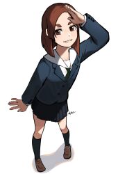 Rule 34 | 1girl, absurdres, arm at side, artist name, black socks, blazer, blue jacket, blue skirt, bob cut, brown eyes, brown footwear, brown hair, commentary, dress, eizouken ni wa te wo dasu na!, from above, full body, green necktie, hayato noda, highres, jacket, loafers, looking at viewer, looking up, mizusaki tsubame, necktie, parted bangs, parted lips, pigeon-toed, pleated skirt, sailor collar, salute, school uniform, shadow, shirt, shoes, short hair, signature, simple background, skirt, smile, socks, solo, standing, thick eyebrows, white background, white dress, white sailor collar, white shirt