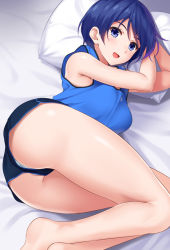 Rule 34 | 1girl, armpits, ass, bare arms, bare shoulders, bed, bed sheet, blue eyes, blue hair, blue shirt, blue shorts, blush, breasts, commentary request, dolphin shorts, eyebrows, gym shorts, huyumitsu, indoors, legs, looking at viewer, lying, medium breasts, on bed, on side, open mouth, original, panties, panty peek, pillow, presenting, shiny skin, shirt, short hair, short shorts, shorts, solo, sportswear, thighs, track and field, track uniform, underwear, upshorts, white panties