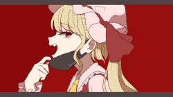 Rule 34 | 1girl, adapted costume, ascot, bare shoulders, blonde hair, character name, collared shirt, derivative work, fangs, flandre scarlet, frilled shirt collar, frills, from side, hat, hat ribbon, highres, letterboxed, long hair, looking at viewer, looking to the side, mask pull, miyangoroge, mob cap, red background, ribbon, ribbon-trimmed headwear, ribbon trim, shirt, simple background, solo, teeth, touhou, upper body, upper teeth only, vampire, vampire (vocaloid), vocaloid, white hat, wrist cuffs, yellow ascot
