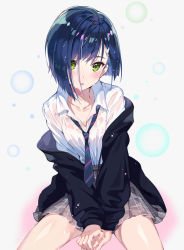 Rule 34 | 10s, 1girl, black jacket, black necktie, blazer, blue hair, bra, bubble background, collarbone, collared shirt, darling in the franxx, green eyes, grey skirt, hair ornament, hairclip, ichigo (darling in the franxx), jacket, long sleeves, looking at viewer, m2 (guvn5745), necktie, off shoulder, open clothes, open jacket, own hands together, plaid, plaid skirt, pleated skirt, school uniform, see-through, shirt, short hair, sitting, skirt, solo, striped necktie, striped neckwear, underwear, v arms, water drop, wet, wet clothes, wet hair, wet shirt, white bra, white shirt, wing collar