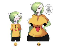 Rule 34 | 2girls, absurdres, arm at side, arms at sides, black pants, blush, bob cut, breast awe, breasts, character print, constricted pupils, cowboy shot, creatures (company), cropped legs, english text, female focus, flat chest, game freak, gardevoir, gen 1 pokemon, gen 3 pokemon, green hair, hair over one eye, half-closed eyes, hand on own hip, highres, huge breasts, looking at another, looking down, looking to the side, motion lines, multiple girls, nintendo, one eye covered, open mouth, pants, pikachu, pokemon, pokemon (creature), red eyes, saltyxodium, shirt, short hair, short sleeves, simple background, speech bubble, standing, sweat, talking, v-shaped eyebrows, white background, wide-eyed, wide hips, yellow shirt