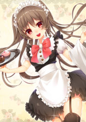 Rule 34 | 1girl, :d, absurdres, apron, bad id, bad pixiv id, black dress, bow, bowtie, brown hair, cowboy shot, cupcake, dress, dutch angle, food, garter straps, heart, highres, long hair, looking at viewer, maid, maid apron, maid headdress, moe2015, muffin, nonomaro, open mouth, original, red bow, red bowtie, red eyes, round teeth, smile, solo, teeth, thighhighs, tray, waist apron, zettai ryouiki