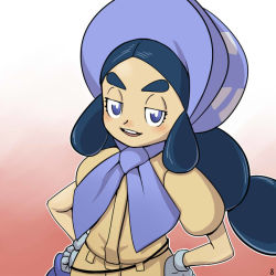 Rule 34 | 1girl, :d, black hair, blush, bonnet, bright pupils, creatures (company), dark-skinned female, dark skin, flat chest, game freak, gloves, gradient background, half-closed eyes, hands on own hips, hapu (pokemon), island kahuna, long hair, looking at viewer, nintendo, nutkingcall, open mouth, outline, parted bangs, pokemon, pokemon sm, purple eyes, short sleeves, sidelocks, smile, solo, teeth, thick eyebrows, white gloves, white outline, white pupils