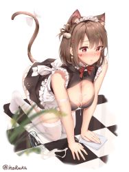 Rule 34 | 1girl, absurdres, all fours, animal ear fluff, apron, armband, ass, bandaid, bandaid on face, bandaid on nose, blush, bow, breasts, brown eyes, cat girl, cat tail, checkered floor, cleaning, cleavage, clothing cutout, cum, cum on body, cum on breasts, cum on upper body, cup, dress, drinking glass, earrings, facial mark, fish hair ornament, frills, hair ornament, hairclip, haruka poi, heart, heart facial mark, highres, holding cloth, jewelry, large breasts, maid, maid headdress, medium hair, neck ribbon, no shoes, nose blush, one side up, original, red eyes, ribbon, see-through, see-through legwear, short dress, sleeveless, sleeveless dress, solo, spill, spilled milk, suggestive fluid, tail, tail bow, tail ornament, tearing up, thighhighs, wiping