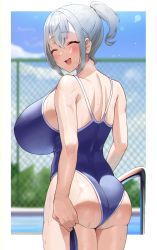 Rule 34 | 1girl, alternate costume, ass, bare shoulders, blush, breasts, cowboy shot, curvy, closed eyes, fence, frikulu, from behind, hair between eyes, highleg, highleg swimsuit, highres, hololive, huge breasts, looking back, nape, one-piece swimsuit, outside border, ponytail, pool, school swimsuit, shirogane noel, short hair, short ponytail, silver hair, smile, solo, swimsuit, virtual youtuber, wet