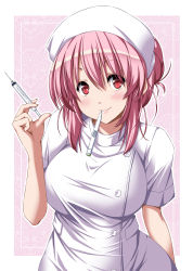Rule 34 | 1girl, alternate costume, blush, breasts, closed mouth, digital thermometer, eyebrows, hair between eyes, hat, highres, holding, lips, looking at viewer, medium breasts, mouth hold, nori tamago, nurse, nurse cap, pink hair, red eyes, saigyouji yuyuko, short hair, short sleeves, smile, solo, syringe, tareme, thermometer, touhou, upper body