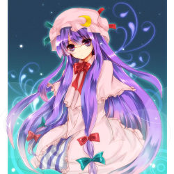 Rule 34 | 1girl, bad id, bad pixiv id, bespectacled, bow, crescent, crescent moon, female focus, glasses, hair bow, hat, long hair, moon, outlaw, patchouli knowledge, purple eyes, purple hair, solo, touhou, unabara misumi, very long hair