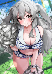Rule 34 | 1girl, absurdres, animal ears, blush, breasts, chain, chain necklace, cheerleader, cleavage, closed mouth, ear piercing, grey eyes, grey hair, highres, holding, holding pom poms, hololive, jewelry, large breasts, light rays, lion ears, lion girl, lion tail, looking at viewer, navel, necklace, outdoors, piercing, pom pom (cheerleading), pom poms, shishiro botan, skirt, sleeveless, smile, solo, soyoghi, standing, sunbeam, sunlight, tail, virtual youtuber