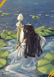 Rule 34 | 1girl, absurdres, alternate costume, alternate hairstyle, black hair, carbor, commentary, dated, dated commentary, dress, flower, from behind, half updo, highres, holding, holding flower, hololive, hololive english, lily pad, long hair, ninomae ina&#039;nis, oversized flower, pointy ears, ponytail, robe, sidelocks, signature, solo, very long hair, virtual youtuber, wet, wet clothes, white dress, white robe