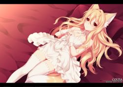 Rule 34 | 1girl, animal ears, blonde hair, blush, coltia fil fillenz, commentary request, dated, dress, feet out of frame, fox ears, fox tail, hair between eyes, hair intakes, jewelry, konshin, letterboxed, looking at viewer, lying, on back, on bed, original, parted lips, pillow, red eyes, ring, short dress, signature, solo, tail, thighhighs, white dress, white thighhighs