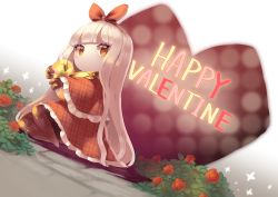 Rule 34 | absurdres, bow, bow hairband, box, capelet, dress, english text, eye (okame nin), flower, fur-trimmed capelet, fur-trimmed dress, fur trim, gift, hair bow, hairband, happy valentine, heart, heart-shaped box, heart in eye, highres, holding, holding gift, looking at viewer, okame nin, orange eyes, original, red bow, red capelet, red dress, red flower, red hairband, red rose, rose, sitting, solo, symbol in eye, unmoving pattern