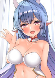 1girl animal_ears bikini blue_hair blush breasts catura_(granblue_fantasy) cleavage collarbone cow_ears cow_girl cow_horns curtains detached_collar draph granblue_fantasy hekomii horns large_breasts long_hair looking_at_viewer navel open_mouth pink_eyes smile standing swimsuit teeth upper_body waving white_bikini