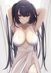 Rule 34 | 1girl, absurdres, armpits, arms behind head, azur lane, black hair, breasts, cleavage, dress, garter straps, highres, large breasts, long hair, looking at viewer, official alternate costume, panties, red eyes, ref (pmxt4483), sleeveless, sleeveless dress, smile, solo, spaghetti strap, taihou (azur lane), taihou (temptation on the sea breeze) (azur lane), thighhighs, underwear, very long hair, white dress, white garter straps, white panties, white thighhighs