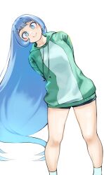 Rule 34 | 1girl, absurdres, arms behind back, blue eyes, blue hair, blue shorts, boku no hero academia, closed mouth, fengling (furin-jp), green hoodie, hadou nejire, highres, hood, hoodie, long hair, looking at viewer, short shorts, shorts, simple background, smile, solo, white background
