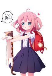 Rule 34 | 1girl, :o, ahoge, animal, backpack, bag, bag charm, black bow, black bowtie, blue eyes, blue skirt, blush, bow, bowtie, cat, charm (object), collared shirt, dress shirt, hair ornament, hairclip, heart, highres, holding, holding animal, longcat (meme), meme, original, outstretched arms, parted lips, pink hair, pleated skirt, puffy short sleeves, puffy sleeves, randoseru, setmen, shirt, short sleeves, simple background, skirt, solo, spoken squiggle, squiggle, standing, suspender skirt, suspenders, two side up, white background, white shirt
