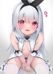Rule 34 | 1girl, :d, absurdres, bare shoulders, between legs, black hairband, black ribbon, breasts, commentary request, dress, gradient background, grey background, grey hair, hair between eyes, hair ribbon, hairband, hand between legs, hashiko nowoto, heart, highres, leaning forward, long hair, looking at viewer, open mouth, original, paid reward available, panties, purple eyes, ribbon, sitting, small breasts, smile, solo, thighhighs, underwear, very long hair, wariza, white background, white dress, white panties, white thighhighs