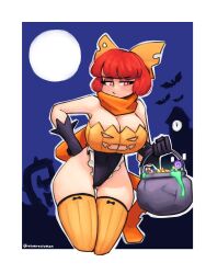 Rule 34 | 1girl, aronnecroman, bat (animal), black gloves, black leotard, bow, breasts, bright pupils, candy, cleavage, food, full moon, gloves, hair bow, halloween costume, highres, large breasts, leotard, looking at viewer, moon, orange bow, orange scarf, orange theme, outdoors, outline, red eyes, scarf, sekibanki, solo, touhou, twitter username, white outline, white pupils