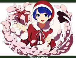 Rule 34 | 1girl, :d, bad id, bad twitter id, blue eyes, blue hair, capelet, doremy sweet, fur trim, gift, hat, holding, long sleeves, looking at viewer, merry christmas, neck ribbon, open mouth, pom pom (clothes), ribbon, santa costume, shishi osamu, short hair, smile, solo, tail, tapir tail, touhou, upper body, white ribbon