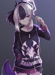 Rule 34 | 1girl, black hair, black hoodie, blue archive, closed mouth, collarbone, commentary request, cowboy shot, earphones, hand in pocket, highres, holding, holding earphones, hood, hood down, hoodie, horns, jewelry, kayoko (blue archive), long hair, long sleeves, looking at viewer, miimu (nelreg3), miniskirt, mole, mole on shoulder, multicolored hair, necklace, pink skirt, pleated skirt, purple hair, red eyes, skirt, solo, streaked hair, white hair, wide sleeves, zipper