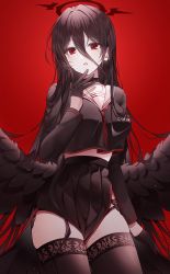 Rule 34 | 1girl, black choker, black gloves, black hair, black serafuku, black shirt, black skirt, black thighhighs, black wings, blue archive, breasts, choker, collarbone, commentary request, cowboy shot, crop top, crop top overhang, feathered wings, garter straps, gloves, hair between eyes, half gloves, halo, hand up, hasumi (blue archive), high-waist skirt, highres, large breasts, long hair, long sleeves, looking at viewer, low wings, mattang, medium breasts, midriff, midriff peek, miniskirt, mole, mole under eye, parted lips, pleated skirt, red background, red eyes, red neckwear, revision, sailor collar, school uniform, serafuku, shirt, side slit, simple background, skirt, solo, thighhighs, very long hair, white sailor collar, wings, zettai ryouiki