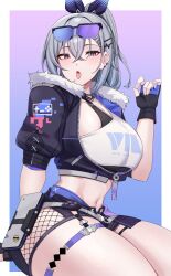 Rule 34 | 1girl, absurdres, alternate breast size, black jacket, blue background, breasts, commentary, crop top, fingerless gloves, fishnets, fur-trimmed jacket, fur trim, gloves, gradient background, grey eyes, grey hair, hair ribbon, hand up, highres, honkai: star rail, honkai (series), jacket, kanta (kanta 077), large breasts, long hair, looking at viewer, midriff, navel, open mouth, ponytail, puffy short sleeves, puffy sleeves, purple background, ribbon, shirt, short sleeves, silver wolf (honkai: star rail), single-shoulder shirt, solo, stomach, thick thighs, thigh strap, thighs, tongue, tongue out, white shirt