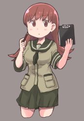 Rule 34 | 1girl, black neckerchief, breasts, brown eyes, brown hair, clipboard, closed mouth, cropped legs, es (eisis), green sailor collar, green skirt, grey background, highres, holding, holding clipboard, holding pencil, kantai collection, long hair, medium breasts, neckerchief, non porn, ooi (kancolle), pencil, sailor collar, school uniform, serafuku, short sleeves, simple background, skirt, solo