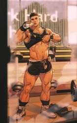 Rule 34 | 1boy, bara, black gloves, black hair, black shorts, black tank top, bottle, bulge, clothes lift, dolphin shorts, gloves, highres, holding, holding bottle, large pectorals, lifting own clothes, male focus, muscular, muscular male, navel, navel hair, original, pectorals, shoes, short hair, shorts, single glove, sneakers, solo, sportswear, tank top, tongue, tongue out, watch, water bottle, wristwatch, xian miao