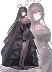 Rule 34 | 1girl, absurdres, black dress, black flower, black footwear, black hair, black pantyhose, black veil, blue archive, blush, bouquet, breasts, bridal veil, bright pupils, cleavage, dress, flower, halo, highres, holding, holding bouquet, large breasts, long hair, multiple views, pantyhose, raki kr, red eyes, rio (blue archive), see-through, see-through cleavage, see-through sleeves, thigh strap, veil, very long hair, wedding dress, white pupils