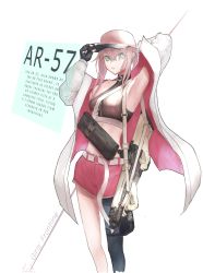Rule 34 | 1girl, :o, aqua eyes, ar-57, ar-57 (girls&#039; frontline), arm behind head, assault rifle, black gloves, black tank top, black thighhighs, breasts, carbine, character name, copyright name, feet out of frame, fingerless gloves, girls&#039; frontline, gloves, gun, hand on headwear, hetare galm sue, highres, holding, holding gun, holding weapon, horizontal magazine, jacket, long hair, looking at viewer, medium breasts, open clothes, open jacket, open mouth, personal defense weapon, pink hair, pink headwear, pink shorts, pistol-caliber carbine, rifle, shorts, single thighhigh, solo, standing, submachine gun, tank top, thighhighs, weapon, white background, white jacket