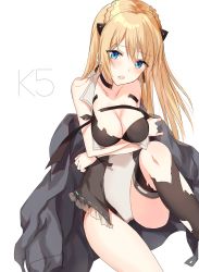 Rule 34 | 1girl, black thighhighs, blonde hair, blue eyes, blush, breasts, character name, cleavage, collarbone, girls&#039; frontline, hair ornament, highres, k5 (girls&#039; frontline), kinona, leotard, long hair, looking at viewer, open mouth, simple background, sitting, solo, tagme, thighhighs, torn clothes, torn leotard, torn thighhighs, very long hair, white background