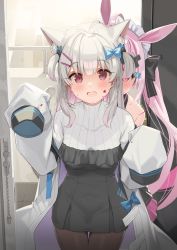 Rule 34 | 2girls, :d, animal ears, black bow, black dress, blood, blood on face, blue bow, blush, bow, breasts, cat ears, cat girl, cat tail, covered collarbone, dress, empty eyes, frilled dress, frills, grey hair, hair bow, hair ornament, hairclip, hands up, highres, jacket, kanzarin, long hair, long sleeves, looking at viewer, multicolored hair, multiple girls, natsume eri (vtuber), open clothes, open door, open jacket, open mouth, pantyhose, peeking out, pink hair, pleated dress, purple hair, rabbit ears, red eyes, ribbed shirt, shirt, sleeves past fingers, sleeves past wrists, small breasts, smile, streaked hair, tail, tomari mari, tomari mari channel, twintails, two-tone hair, two side up, very long hair, virtual youtuber, white jacket, white shirt