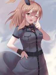 Rule 34 | 1girl, black dress, blush, breast pocket, breasts, brown hair, cloud, dress, hand on own hip, highres, honmakaina kudou, index finger raised, kantai collection, long hair, medium breasts, one eye closed, open mouth, pocket, ponytail, saratoga (kancolle), short sleeves, sky, smokestack hair ornament, solo