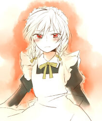 Rule 34 | 1girl, apron, blush, bow, bowtie, braid, breasts, closed mouth, commentary request, green bow, hair bow, izayoi sakuya, long hair, long sleeves, looking at viewer, maid, maid headdress, painting (medium), red eyes, small breasts, solo, touhou, traditional media, twin braids, yonu (yonurime)