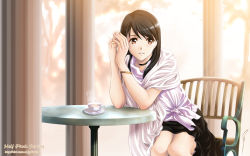 Rule 34 | 1girl, aizawa kotarou, black hair, black skirt, bracelet, brown eyes, chair, choker, cup, elbow rest, highres, indoors, jewelry, original, own hands together, parted lips, saucer, shawl, sitting, skirt, smile, solo, sunlight, swept bangs, table, tea, teacup, wallpaper, watermark, web address, window