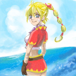 Rule 34 | 1girl, bandages, beads, blonde hair, blue eyes, bow, breasts, brown gloves, chrono cross, closed mouth, commentary request, crop top, cropped jacket, gloves, hair bow, hair tie, high ponytail, jewelry, kanauta, kid (chrono cross), long hair, looking at viewer, midriff, multi-tied hair, necklace, ocean, ponytail, skirt, smile, solo, vest