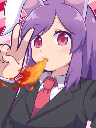 Rule 34 | 1girl, absurdres, animal ears, bad id, bad pixiv id, black jacket, blazer, blush, breath weapon, breathing fire, collared shirt, commentary request, cookie (touhou), fire, highres, hisui (cookie), jacket, long hair, looking at viewer, necktie, open mouth, purple hair, rabbit ears, red eyes, red necktie, reisen udongein inaba, shirt, solo, swept bangs, totozame, touhou, upper body, v, white shirt