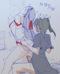 Rule 34 | 10s, 2girls, blush, breasts, cum, cum in pussy, female ejaculation, futa with female, futanari, gmgt (gggggg3), hair ribbon, hairband, holding another&#039;s wrist, japanese clothes, kantai collection, long hair, multiple girls, open clothes, open mouth, penis, ribbon, shoukaku (kancolle), small breasts, translation request, trembling, twintails, uncensored, zuikaku (kancolle)
