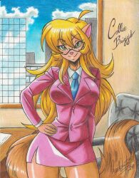 Rule 34 | 1girl, 2019, animal ears, blonde hair, breasts, building, callie briggs, desk, formal, furry, furry female, glasses, green eyes, hand on own hip, highres, indoors, large breasts, long hair, office lady, ravernclouk design, solo, suit, swat kats, tail, thighs, tie clip, traditional media, window