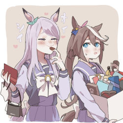 Rule 34 | 2girls, :t, animal ears, blue eyes, blush, bow, bowtie, box, brown hair, chewing gum, chocolate, closed eyes, commentary, ear bow, gift bag, heart, holding, holding box, horse ears, horse girl, horse tail, long hair, looking at another, mejiro mcqueen (umamusume), multiple girls, nose blush, open mouth, pink hair, ponytail, purple shirt, purple skirt, ree (re-19), sailor collar, school uniform, shirt, skirt, sweatdrop, symbol-only commentary, tail, tokai teio (umamusume), tracen school uniform, umamusume, valentine, white bow, white bowtie