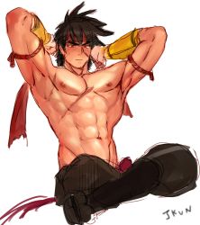 Rule 34 | 00s, 1boy, abs, armpits, arms up, bad id, bad pixiv id, blush, brown hair, dungeon &amp; fighter, dungeon and fighter, fighter (dungeon and fighter), headband, highres, indian style, male fighter (dungeon and fighter), male focus, muscular, nipples, pectorals, siran, sitting, solo, spiked hair, striker (dungeon and fighter), talonez, topless male, tying headband
