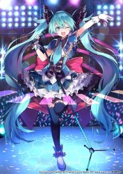 Rule 34 | 1girl, ;d, aqua eyes, aqua hair, aqua necktie, black bow, black socks, blue dress, blush, bow, capelet, dress, frilled dress, frills, full body, gloves, hair bow, hatsune miku, idol, kneehighs, long hair, looking at viewer, microphone, microphone stand, necktie, one eye closed, open mouth, shugao, smile, socks, solo, stage, stage lights, standing, standing on one leg, very long hair, vocaloid, white gloves