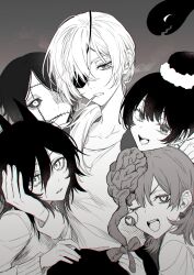 Rule 34 | 5girls, absurdres, black hair, black sclera, chainsaw man, cigarette, colored sclera, cosmo (chainsaw man), exposed brain, eyepatch, futakuchi-onna, grey background, grey hair, greyscale, hair between eyes, hair ribbon, hand on another&#039;s face, heart, heart-shaped pupils, highres, horns, long (chainsaw man), long hair, looking at viewer, medium hair, monochrome, multiple girls, nanin, open mouth, pingtsi (chainsaw man), quanxi (chainsaw man), ribbon, shirt, short hair, simple background, smile, smoke, smoking, stitched face, stitched mouth, stitches, symbol-shaped pupils, tsugihagi (chainsaw man), white hair, white shirt