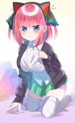 Rule 34 | 1girl, :3, absurdres, animal ears, black cardigan, black ribbon, blue eyes, blunt bangs, blush, breasts, butterfly hair ornament, cardigan, cat ears, cat teaser, eyebrows hidden by hair, go-toubun no hanayome, green skirt, hair ornament, highres, kneeling, large breasts, looking at viewer, multicolored nails, nail polish, nakano nino, open card, paw pose, pink hair, ribbon, rinne (mizunosato), school uniform, shirt, simple background, skirt, sleeves past wrists, thick thighs, thighhighs, thighs, twintails, v-shaped eyebrows, white shirt, white thighhighs, zettai ryouiki
